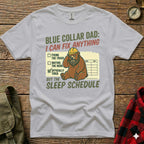T-shirt with a bear wearing a hard hat, humorously listing tasks as "Fixing the truck," "Baiting the hook," and "Officially tired" under "Sleep Schedule."