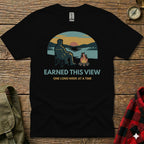 Black t-shirt with "Earned This View" and campfire scene.