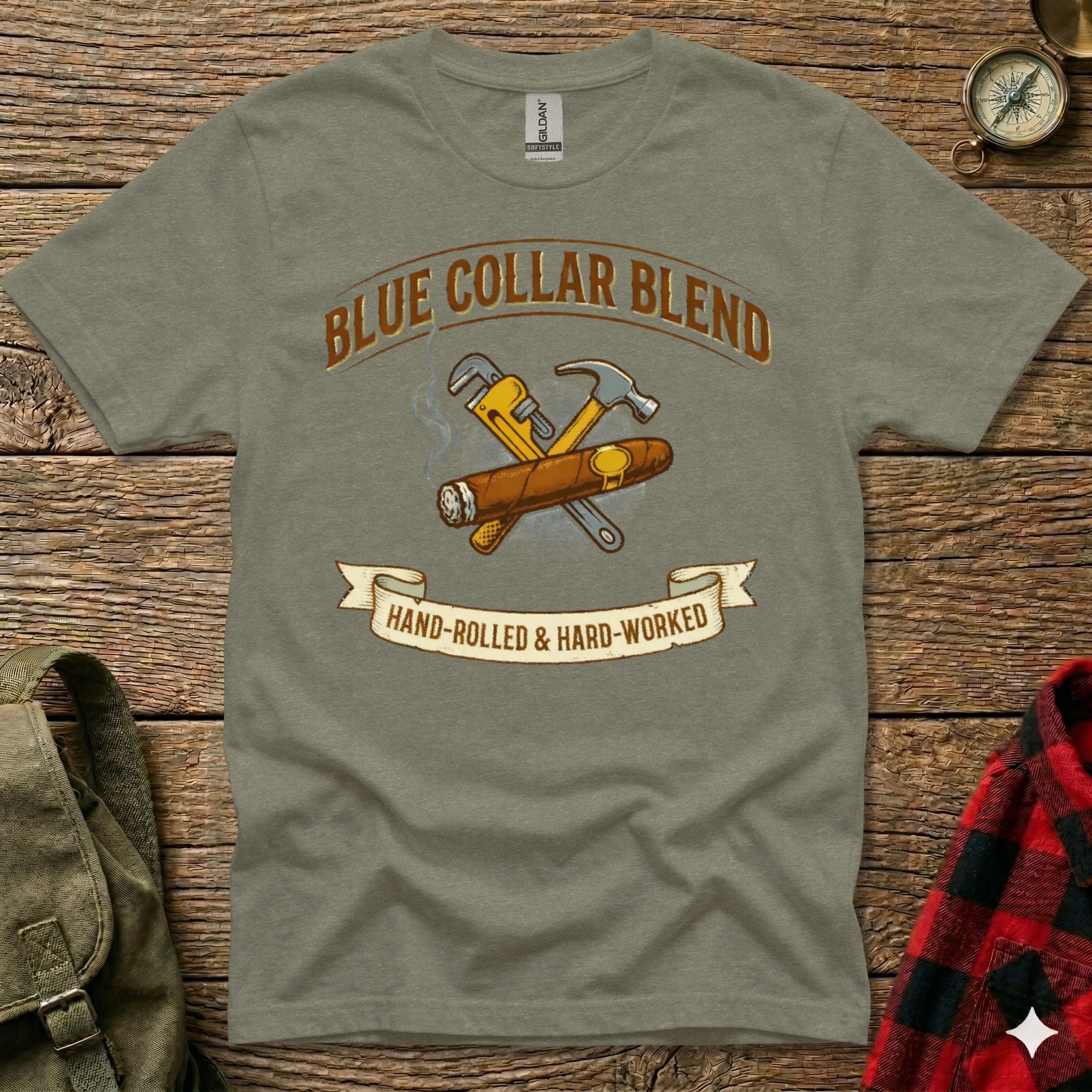 Grey t-shirt with "BLUE COLLAR BLEND Hand-rolled & Hard-worked" text and cigar graphic.