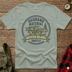 Light green t-shirt with "Husband Material Certified Reliable (Mostly)" text and truck graphic.