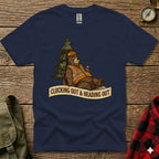 Navy t-shirt with graphic of a bear in a hard hat and safety vest fishing.