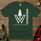 Dark green t-shirt with white "W" logo and "OUTDOORSMAN" text.