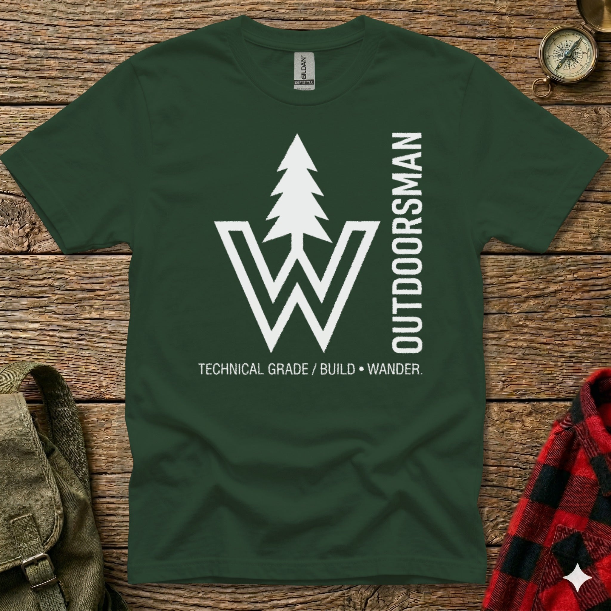 Dark green t-shirt with white "W" logo and "OUTDOORSMAN" text.
