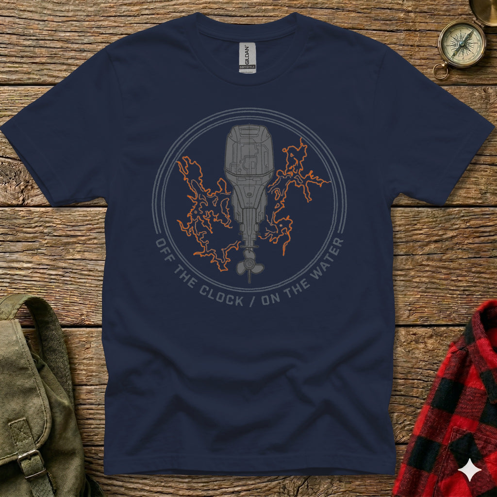 Navy t-shirt with outboard motor graphic and text "OFF THE CLOCK / ON THE WATER".
