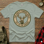 T-shirt featuring a circular logo with a stag and "The Ash & Timber Guild Est. in the Garage".