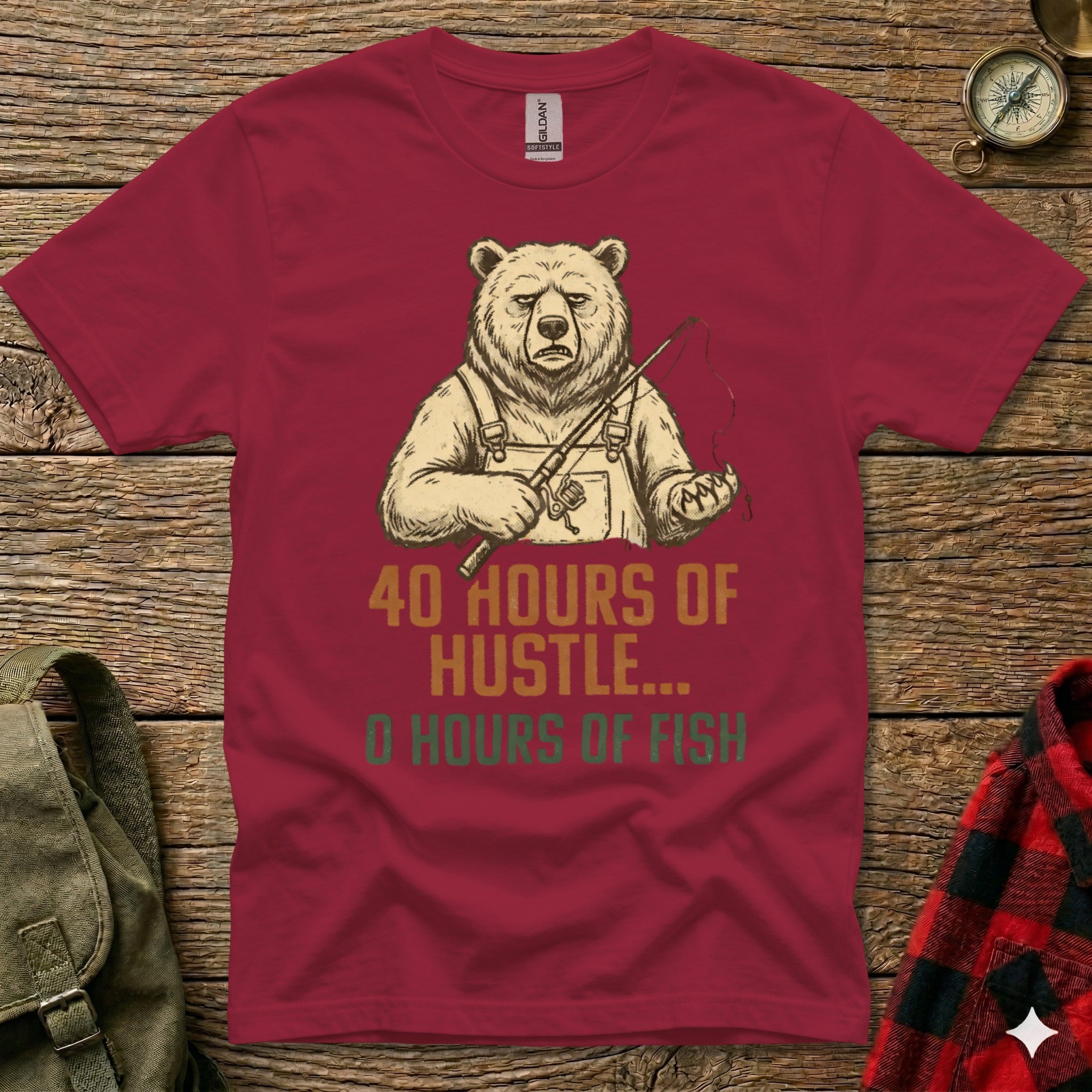 Bear fishing graphic with text "40 hours of hustle, 0 hours of fish".