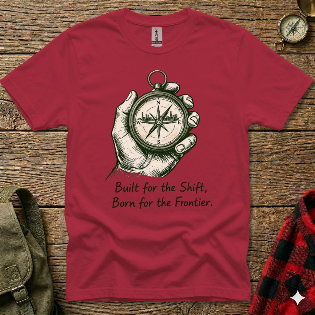 Red t-shirt with compass and text "Built for the Shift, Born for the Frontier."