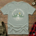 Sage t-shirt with "Offline is Freedom" mountain graphic and USB plug icon.