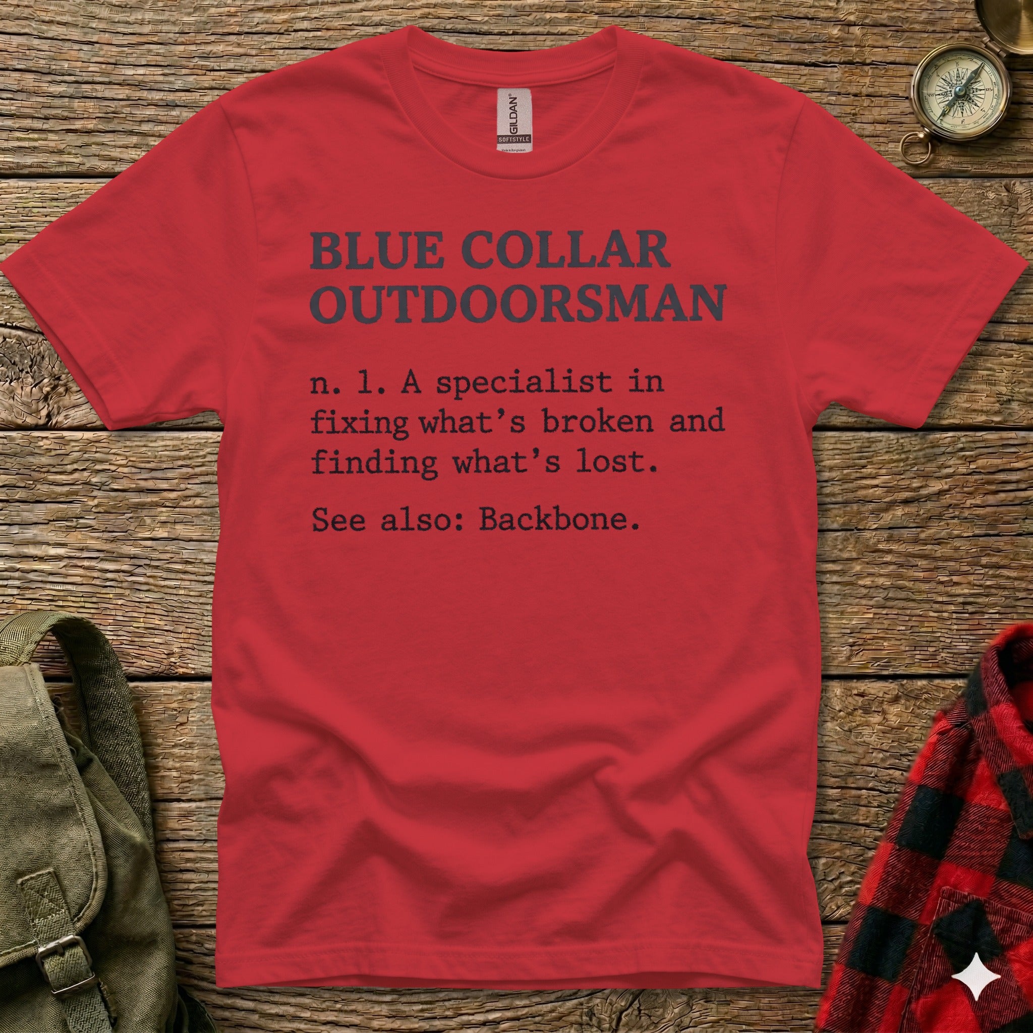 Red t-shirt with text defining "Blue Collar Outdoorsman" and its meaning.