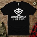 Black t-shirt with "Connection Found No Signal Required" text and forest graphic.