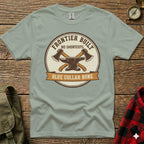 Light gray t-shirt with a circular "Frontier Built No Shortcuts Blue Collar Bone" logo featuring crossed axes.