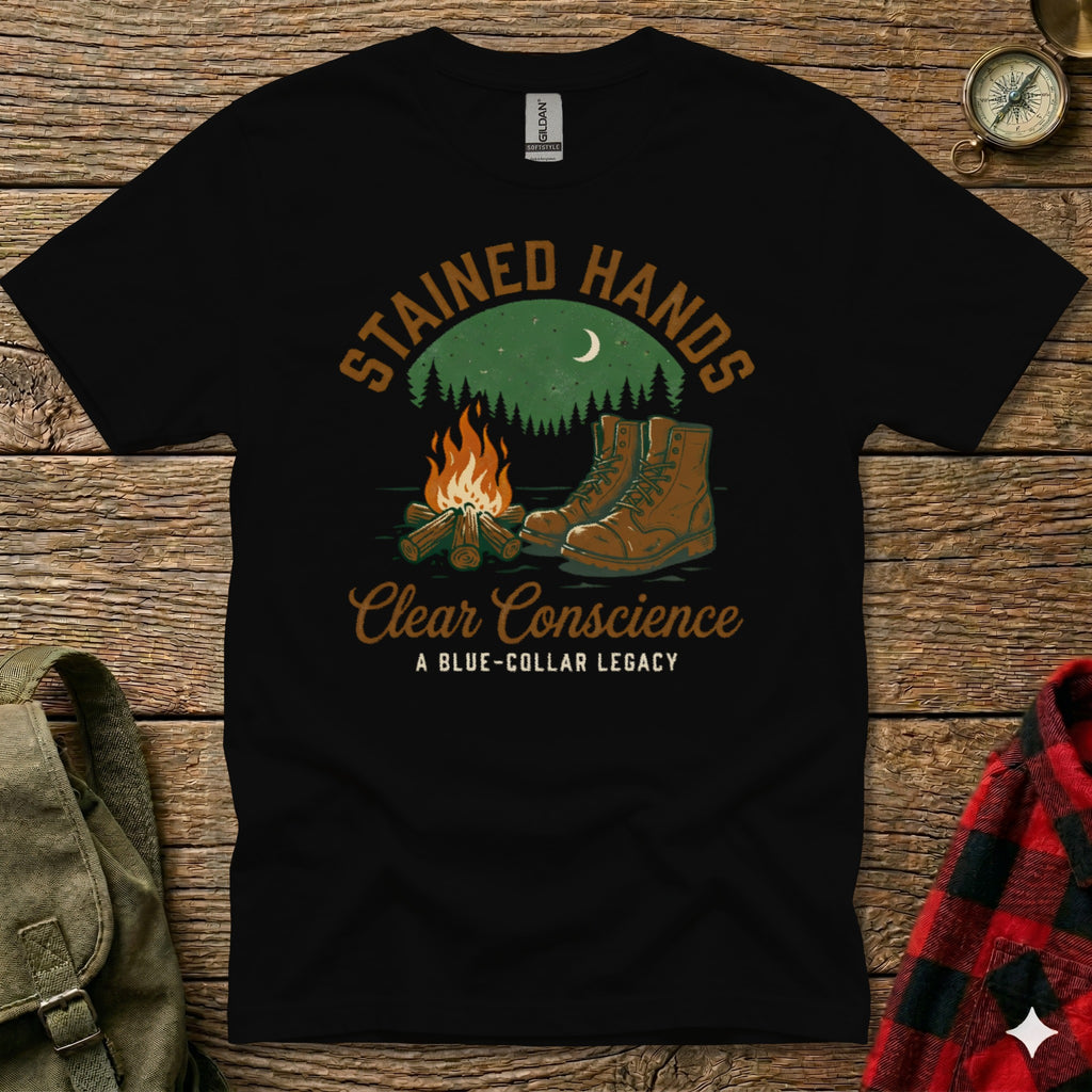 Black t-shirt with "Stained Hands Clear Conscience" text and boots by campfire.