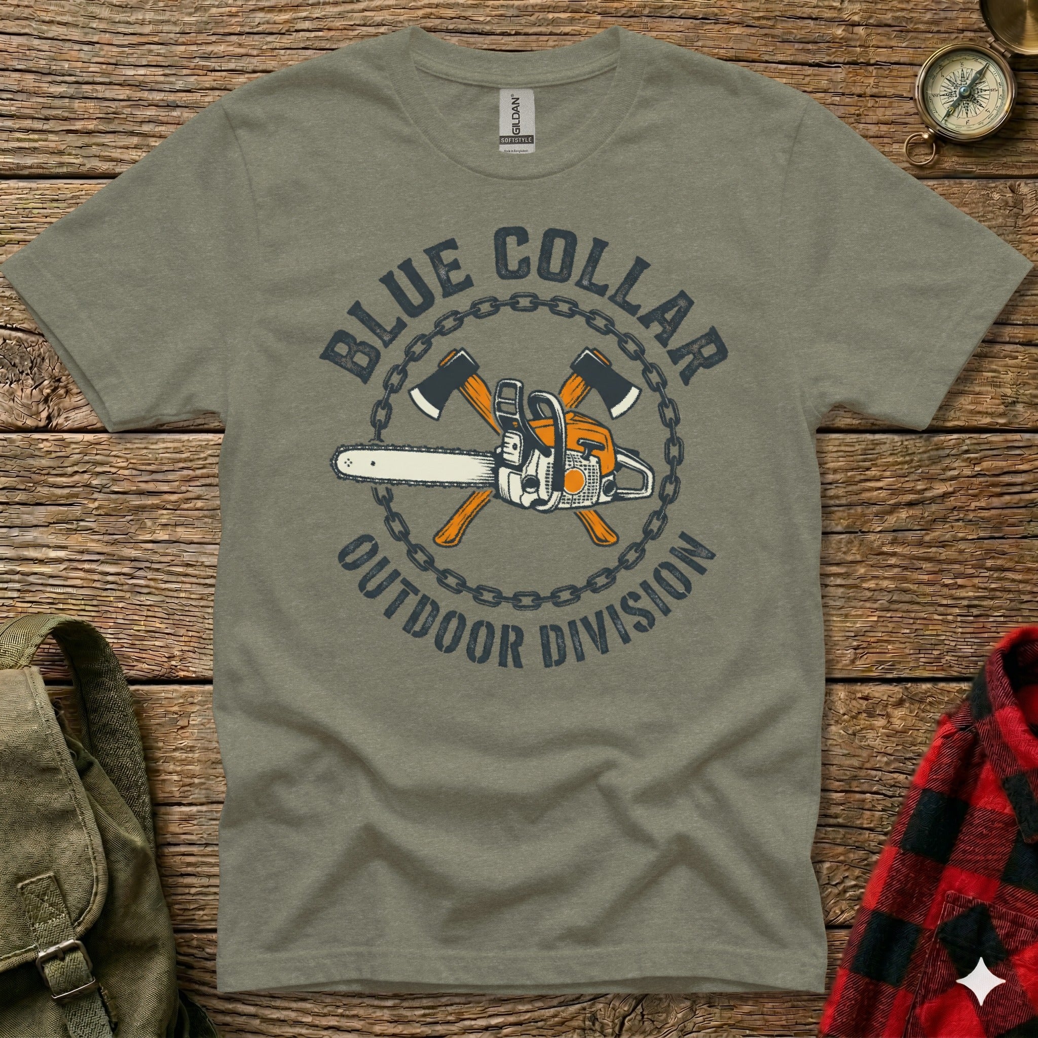 Gray t-shirt with "Blue Collar Outdoor Division" text and chainsaw graphic.