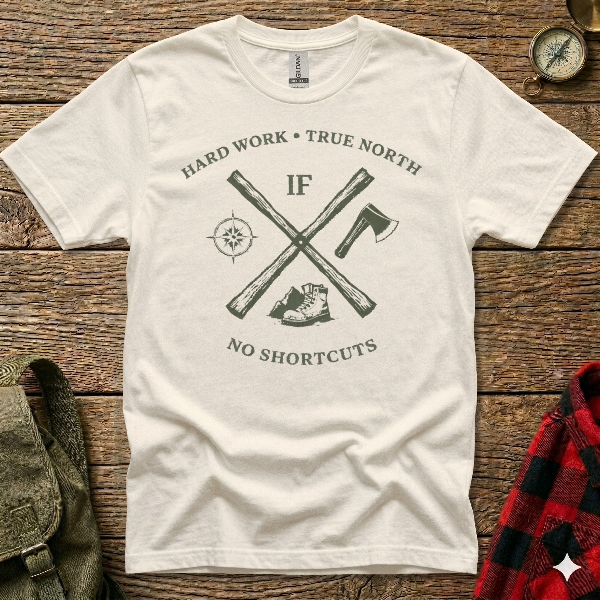 Crossed axe and compass graphic with "If Hard Work True North No Shortcuts" text.
