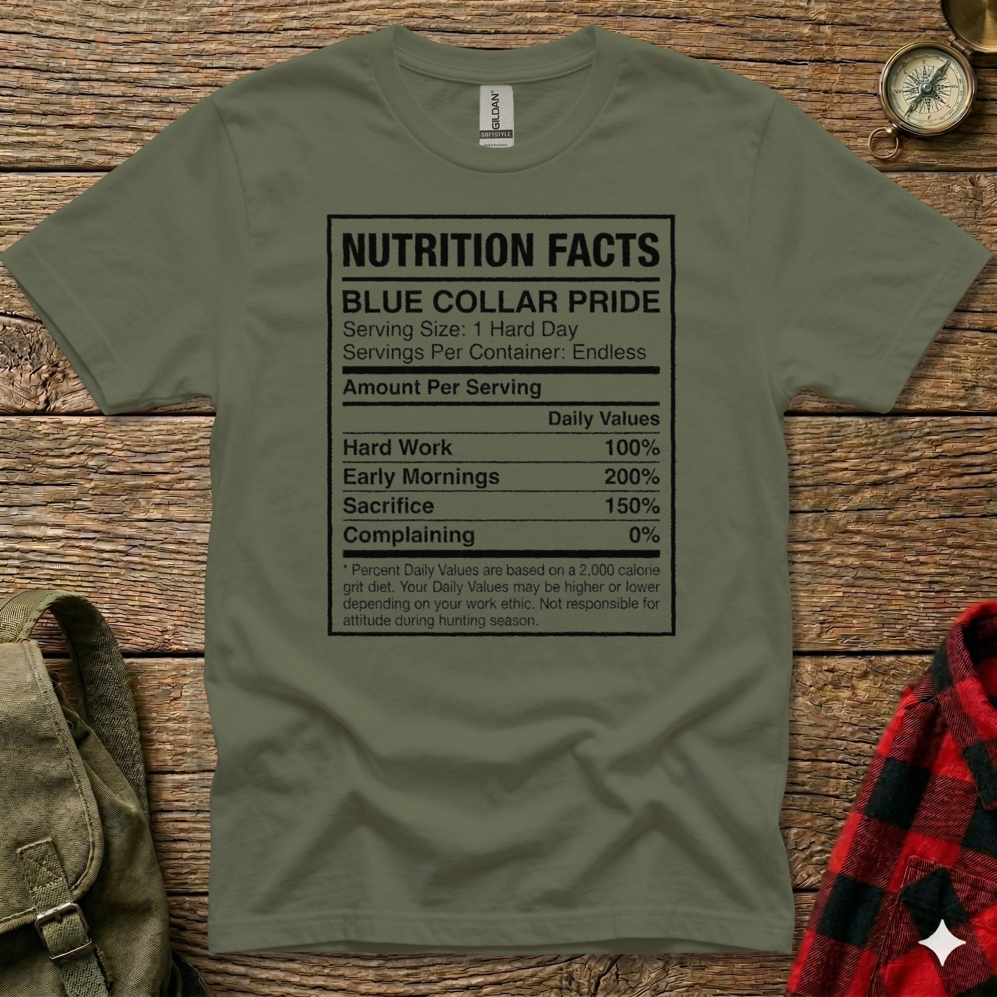 T-shirt with "Nutrition Facts" label for "Blue Collar Pride" including Work Ethic percentages.
