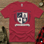 Red t-shirt with "The Common Man's Club" crest and "No Suits Just Sweat" banner.