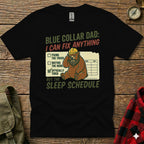 T-shirt with a bear fixing a truck and baiting a hook, stating "Blue Collar Dad: I Can Fix Anything".