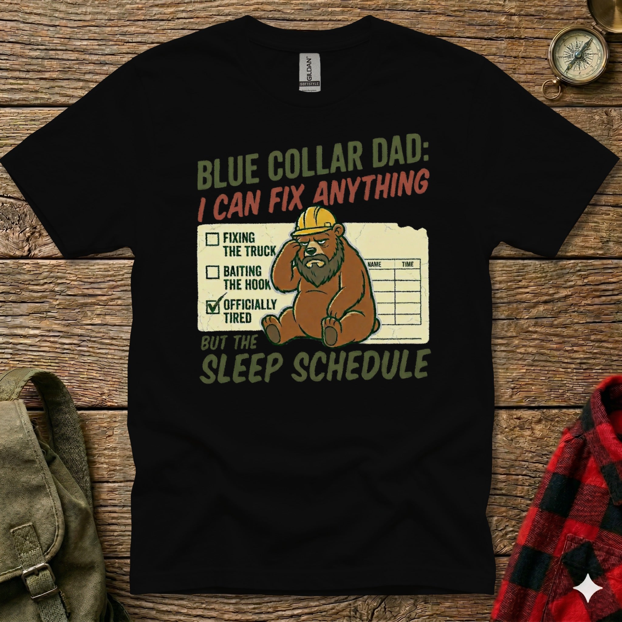 T-shirt with a bear fixing a truck and baiting a hook, stating "Blue Collar Dad: I Can Fix Anything".