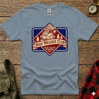 T-shirt with vintage "High Mileage Club" badge and trekking design.
