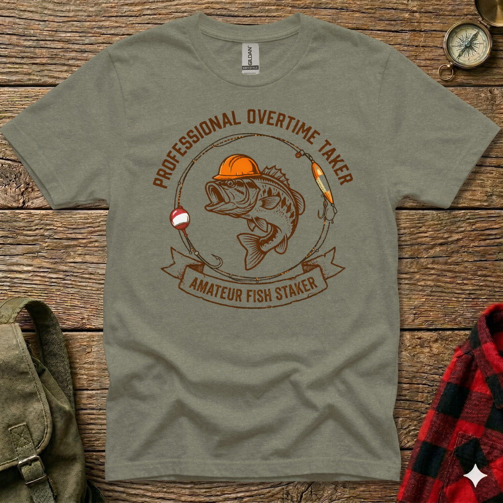 T-shirt with graphic of a bass wearing a hard hat, "Professional Overtime Taker" text.