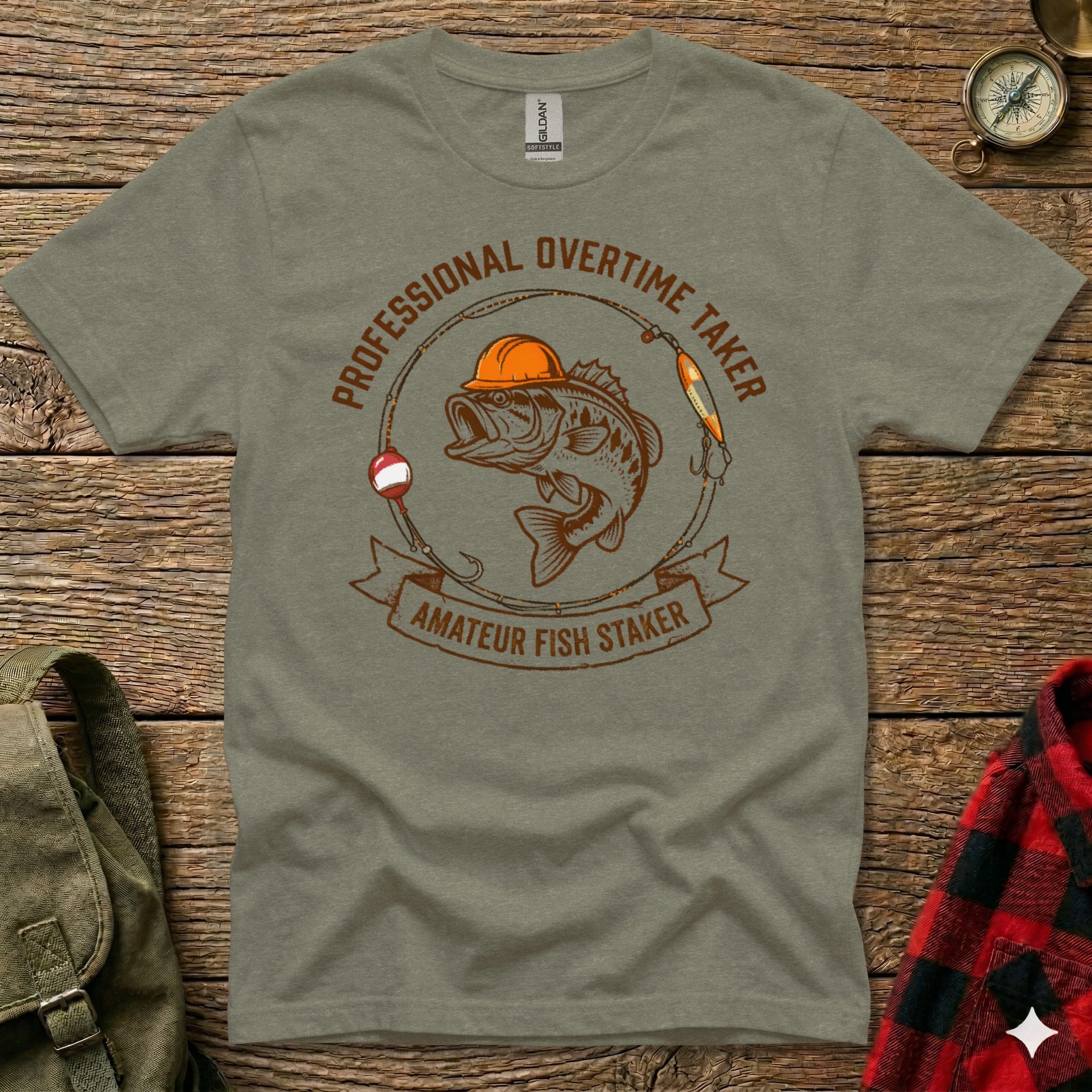 T-shirt with graphic of a bass wearing a hard hat, "Professional Overtime Taker" text.