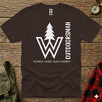 Brown t-shirt with white "W OUTDOORSMAN" logo, pine tree, and text.
