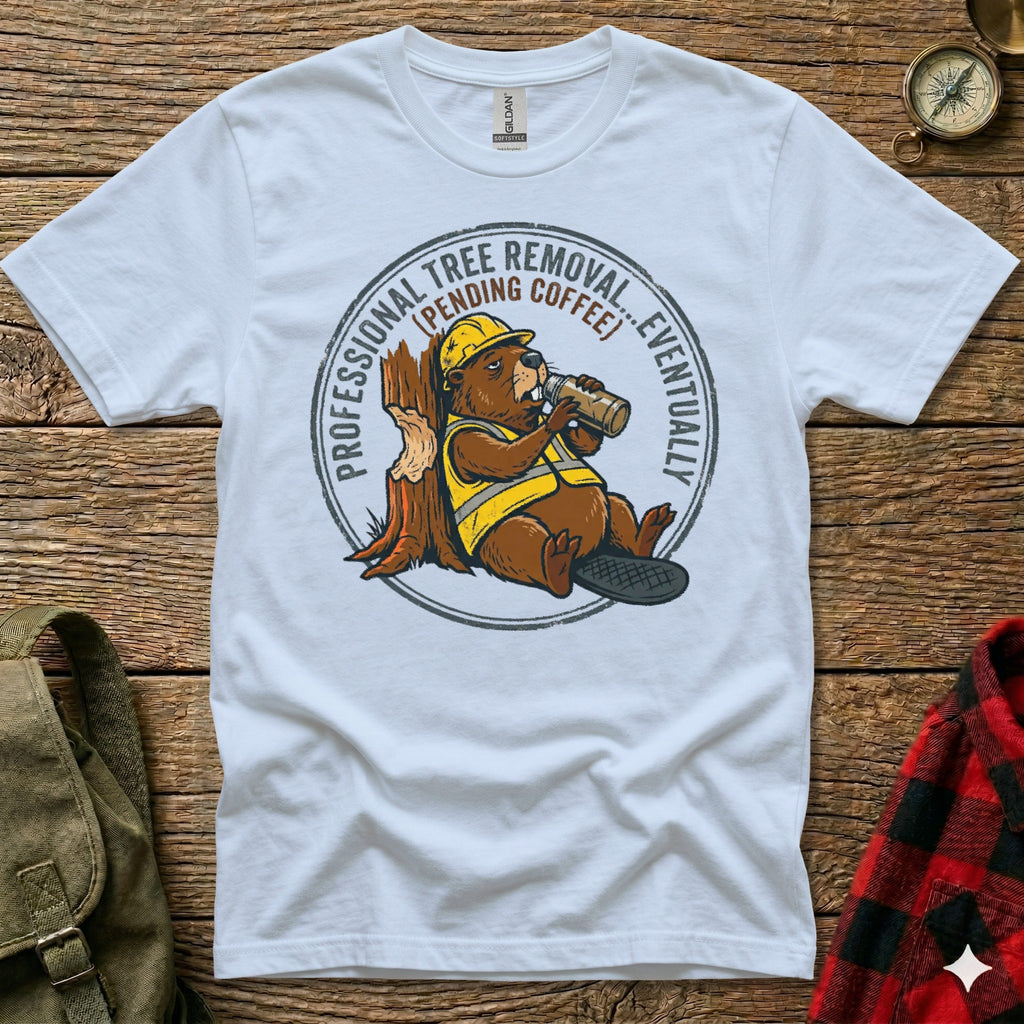 White t-shirt with cartoon beaver in hard hat holding coffee cup, "Professional Tree Removal" text.