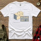 White t-shirt with "HUSBAND UNIT 1.0" and tool storage percentage diagram.