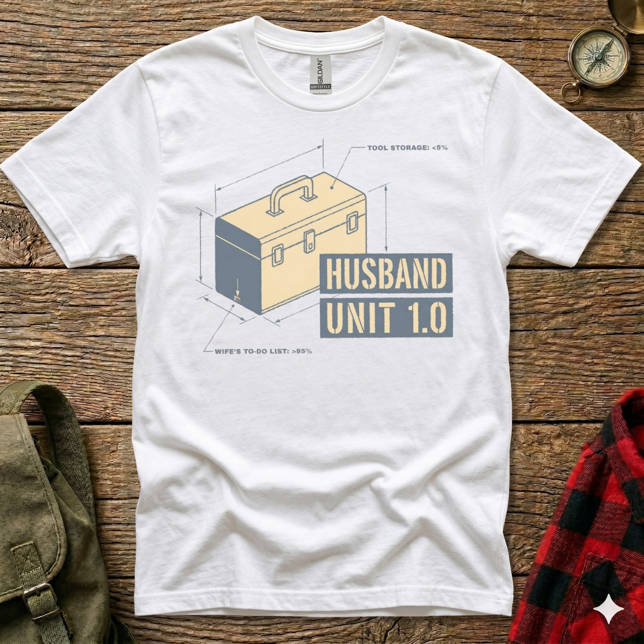 White t-shirt with "HUSBAND UNIT 1.0" and tool storage percentage diagram.
