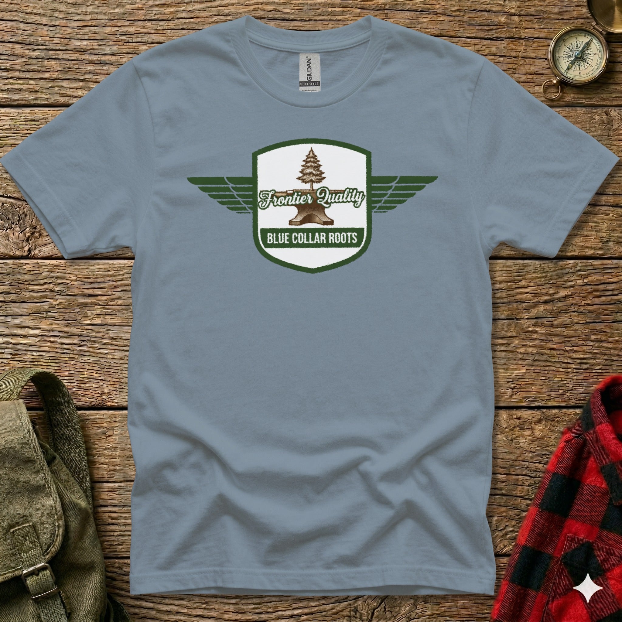 Blue t-shirt with "Frontier Quality Blue Collar Roots" logo on chest.
