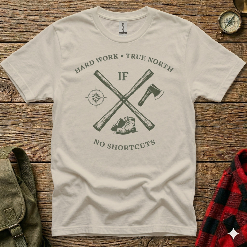 Cream t-shirt with "Hard Work True North" and crossed axes graphic.