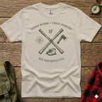 Cream t-shirt with "Hard Work True North" and crossed axes graphic.