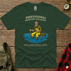 Green t-shirt with "PROFESSIONAL OVERTIME ESCAPIST DOING UNPROFESSIONAL THINGS" text.