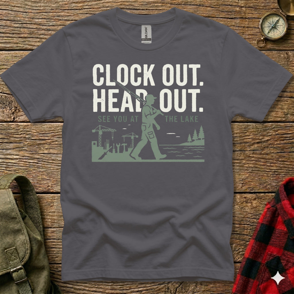Dark gray t-shirt with "Clock Out. Head Out. See You at the Lake." text and graphic.