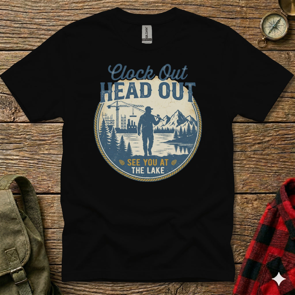 Black t-shirt with "Clock Out Head Out See You at the Lake" graphic.