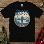 Black t-shirt with "Clock Out Head Out See You at the Lake" graphic.