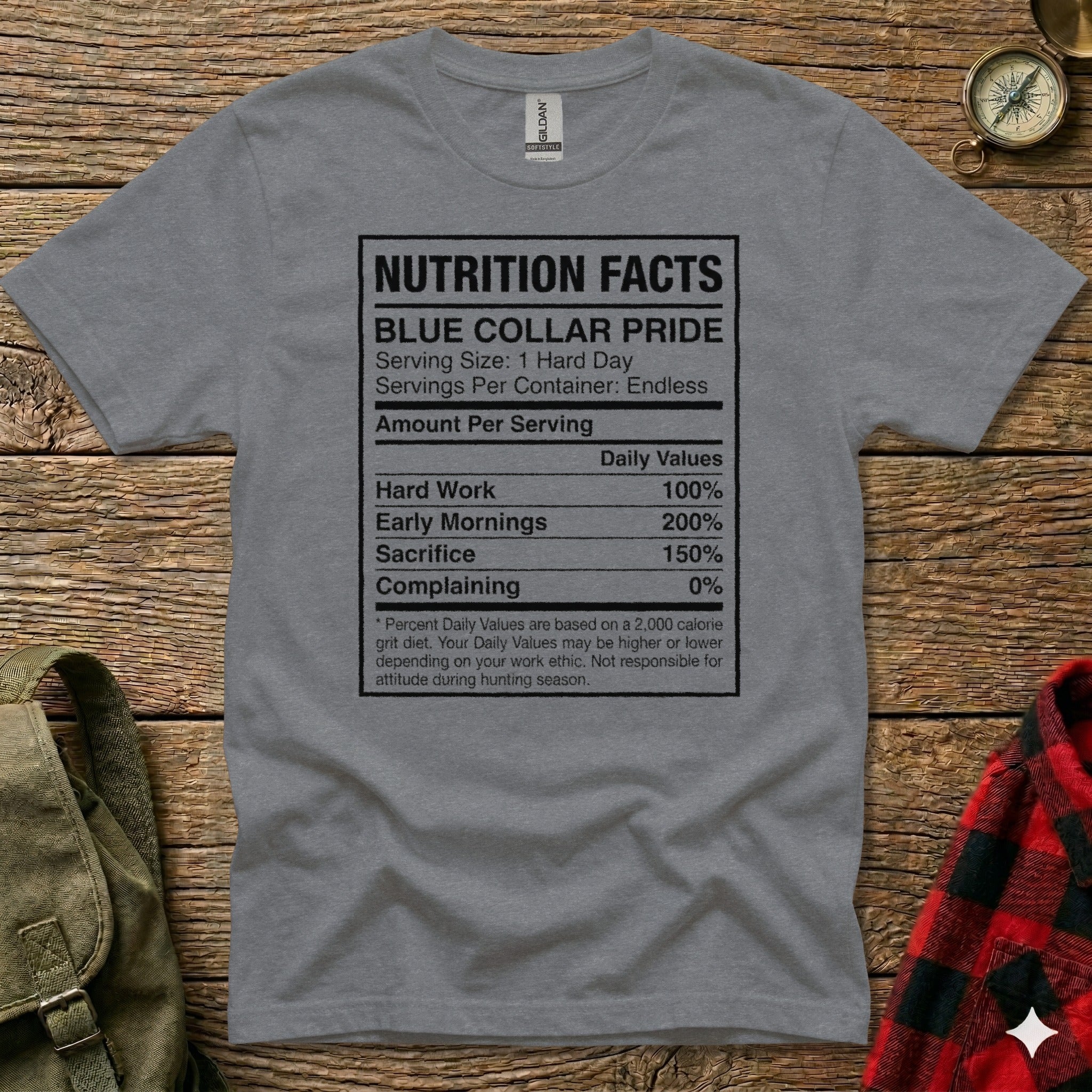 Gray t-shirt with "Nutrition Facts: Blue Collar Pride" text and values.
