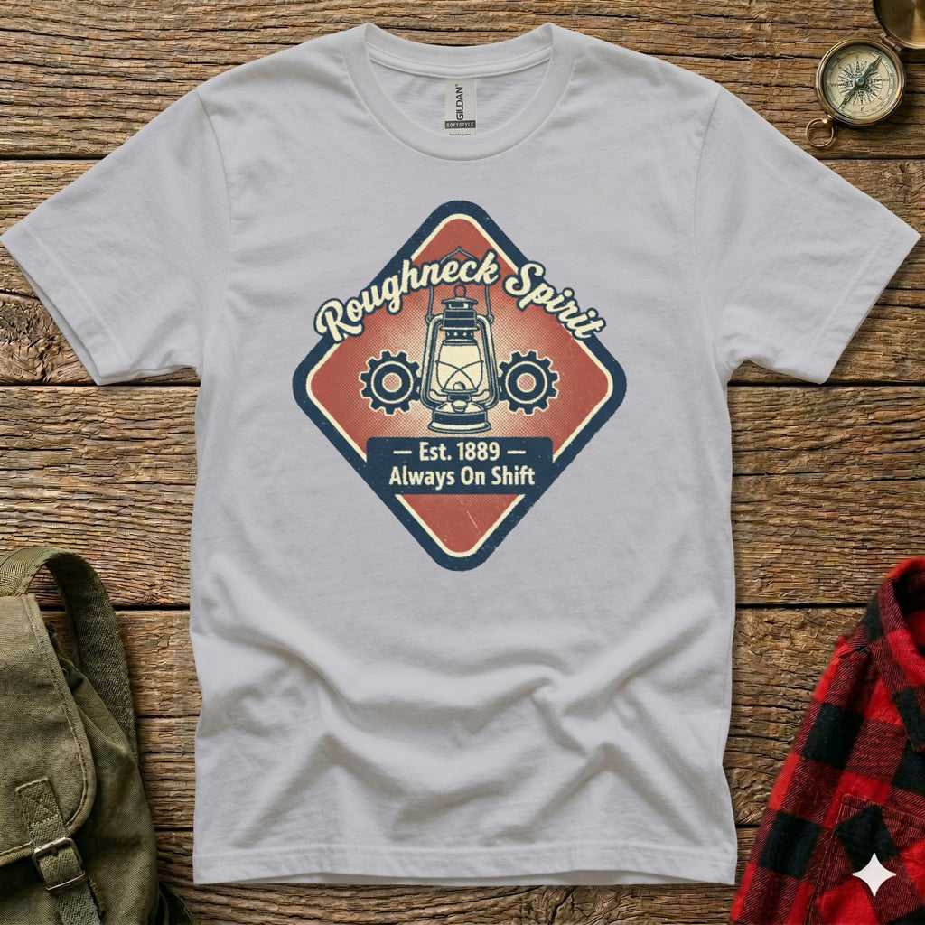 White t-shirt with Roughneck Spirit logo featuring gears and lantern.