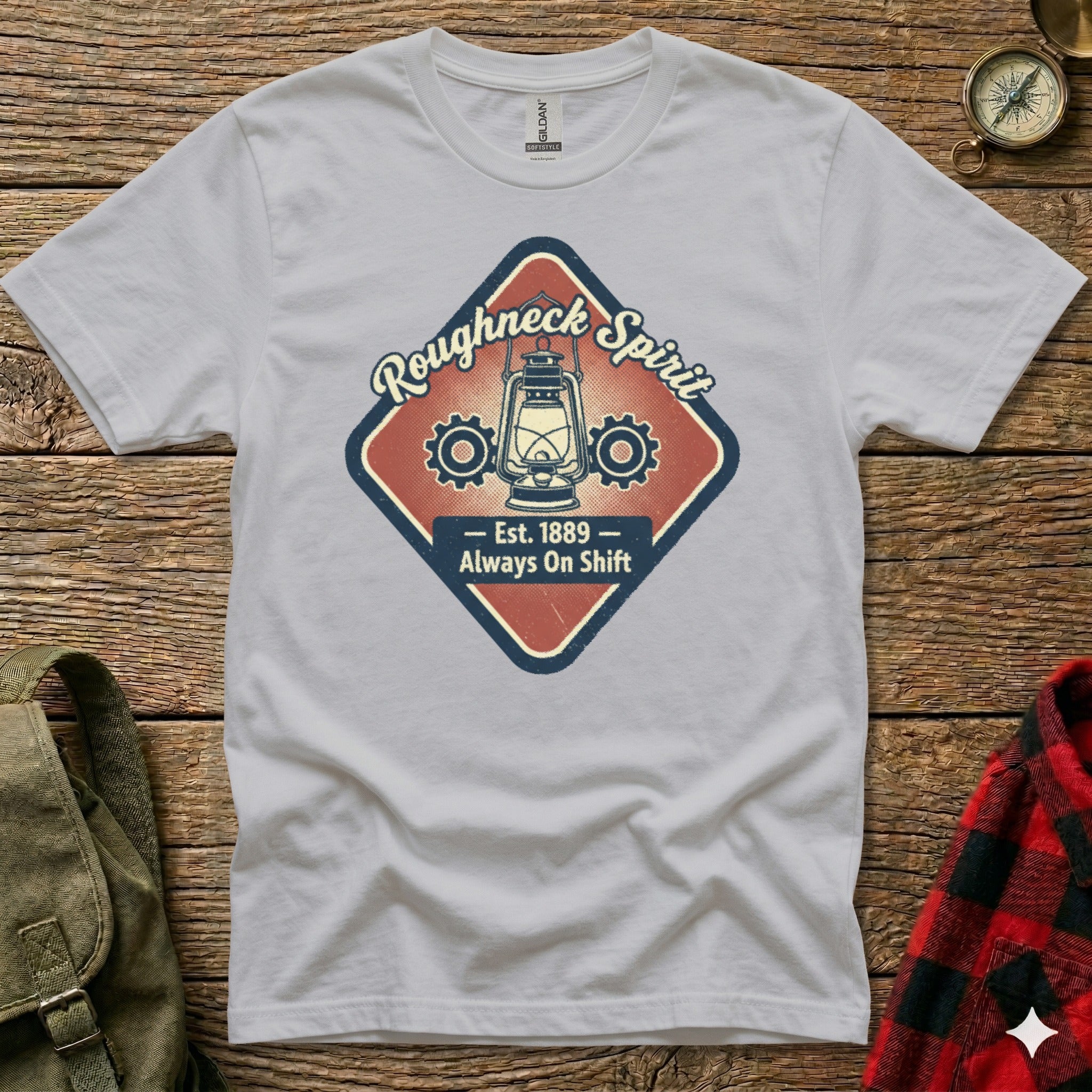 White t-shirt with Roughneck Spirit logo featuring gears and lantern.