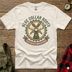 White t-shirt with a circular deer logo, gears, and crossed wrenches.