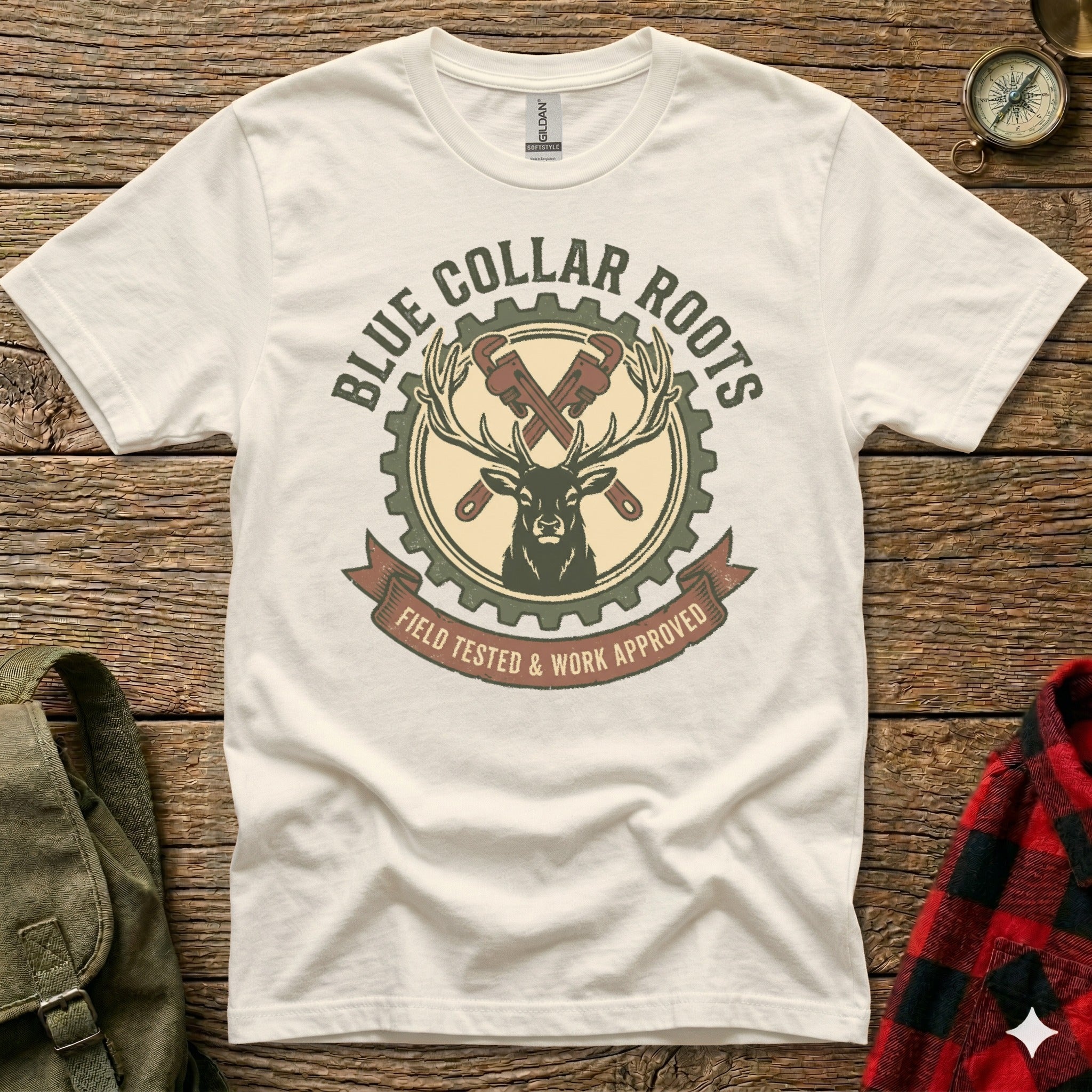 White t-shirt with a circular deer logo, gears, and crossed wrenches.