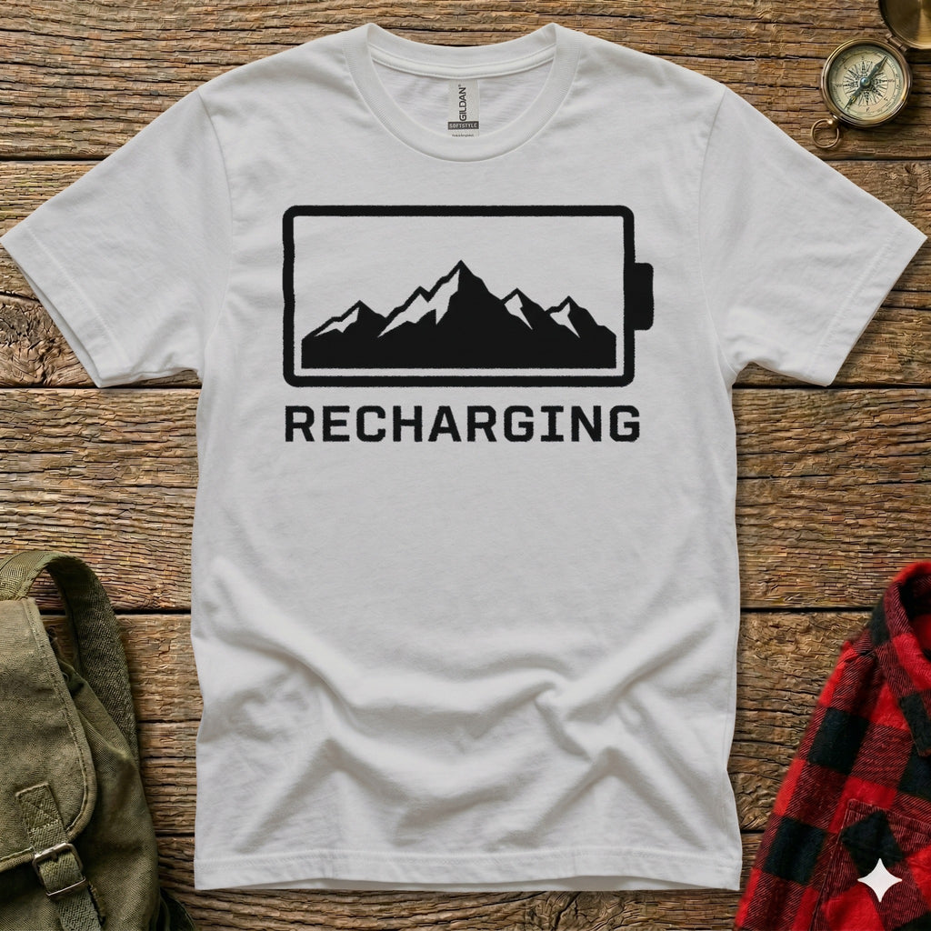 White t-shirt with "Recharging" text and mountain battery icon.