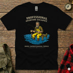 Black t-shirt with graphic of a man fishing, text "PROFESSIONAL OVERTIME ESCAPIST".
