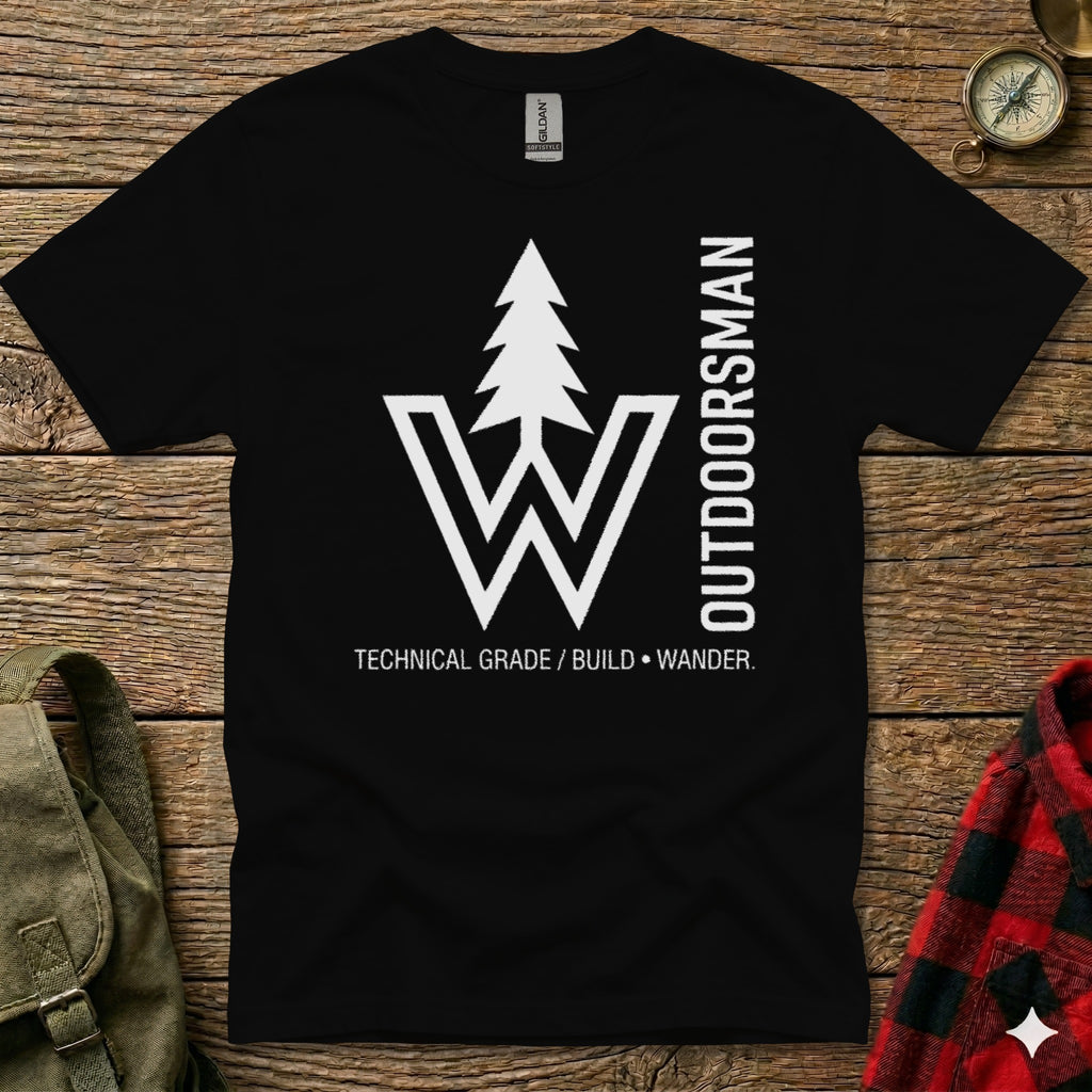 Black t-shirt with white "W" logo, tree, and text "OUTDOORSMAN".