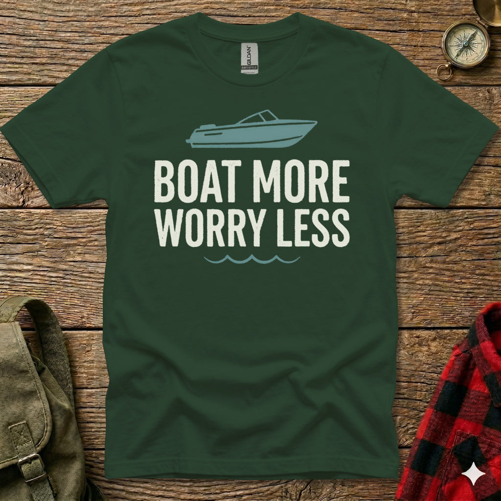Green t-shirt with "BOAT MORE WORRY LESS" text and a boat graphic.