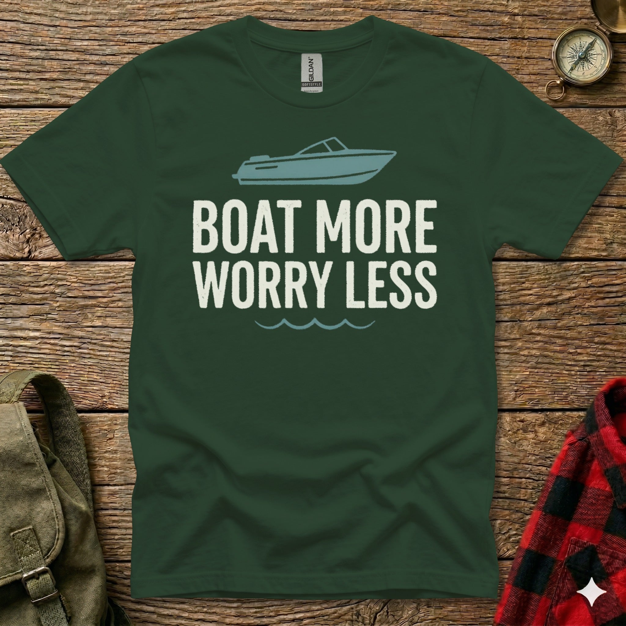 Green t-shirt with "BOAT MORE WORRY LESS" text and a boat graphic.