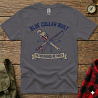 Gray t-shirt with "Blue Collar Built Fatherhood Refined" text and crossed wrench and fishing rod.