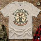 T-shirt with deer, gears, wrenches, and "Blue Collar Roots" text.