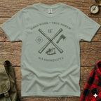 T-shirt with compass, axe, and text "Hard Work • True North IF NO SHORTCUTS".