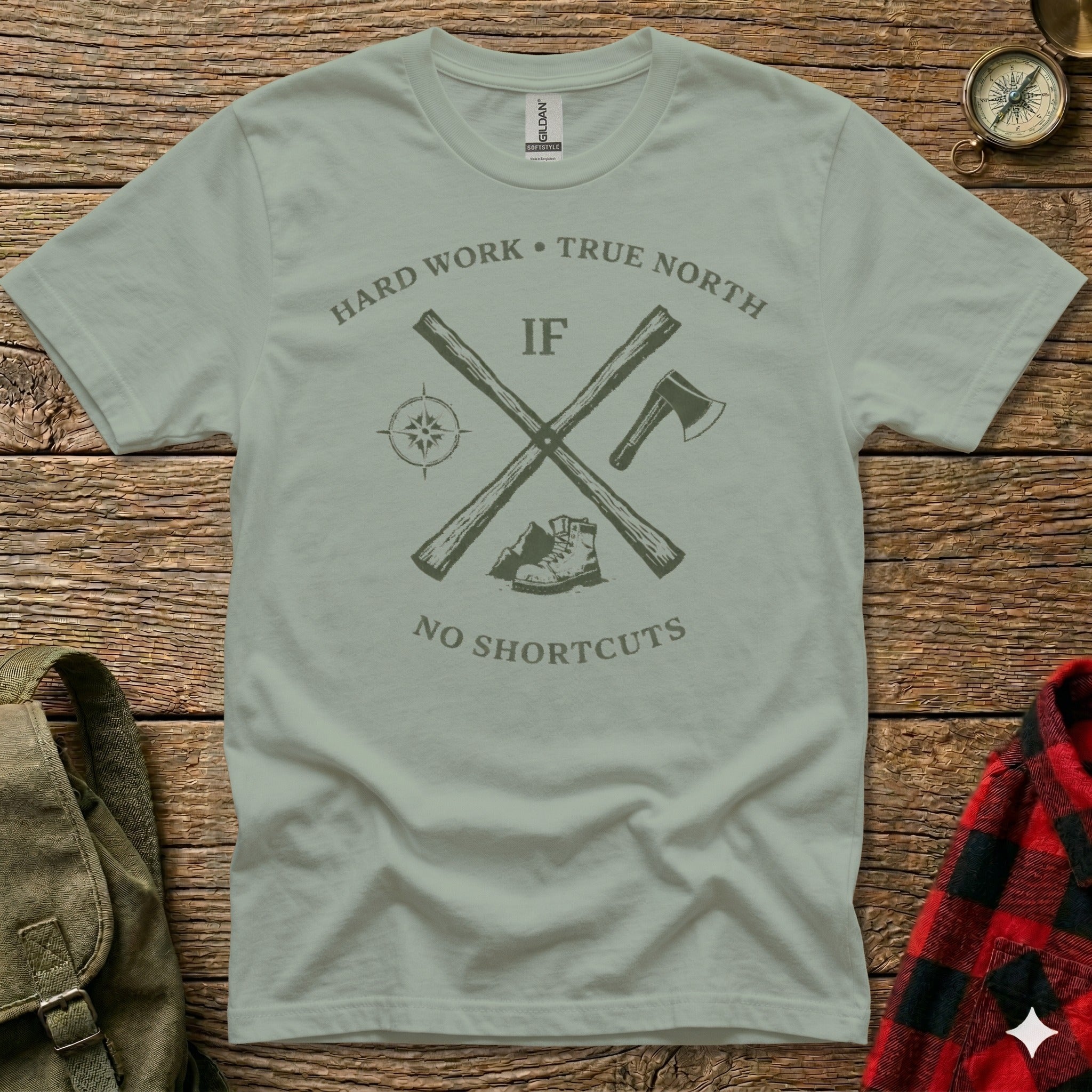 T-shirt with compass, axe, and text "Hard Work • True North IF NO SHORTCUTS".